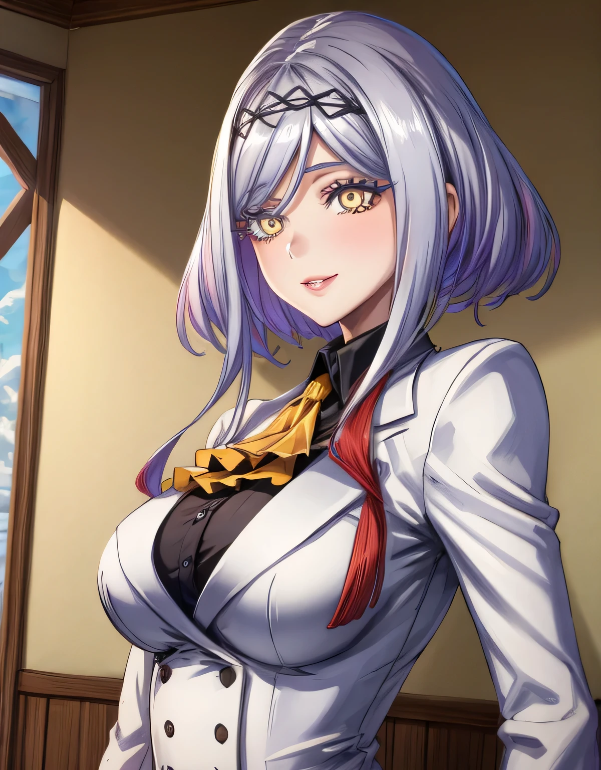 (large breasts:1.55),(shiny hair),((solo)),((masterpiece)),((best quality)),perfect anatomy,slim waist,perfect image,8k UHD,(beautiful detailed eyes:1.5),extremely detailed face,standing,(upper body:1.15),(look at the front:1.5),ultra-detailed,absurdres,ultra-highres,indoor room,Gentle smile,figue,white jacket,ascot,yellow eyes,brown eyes,lips,(sidelocks:0.7),