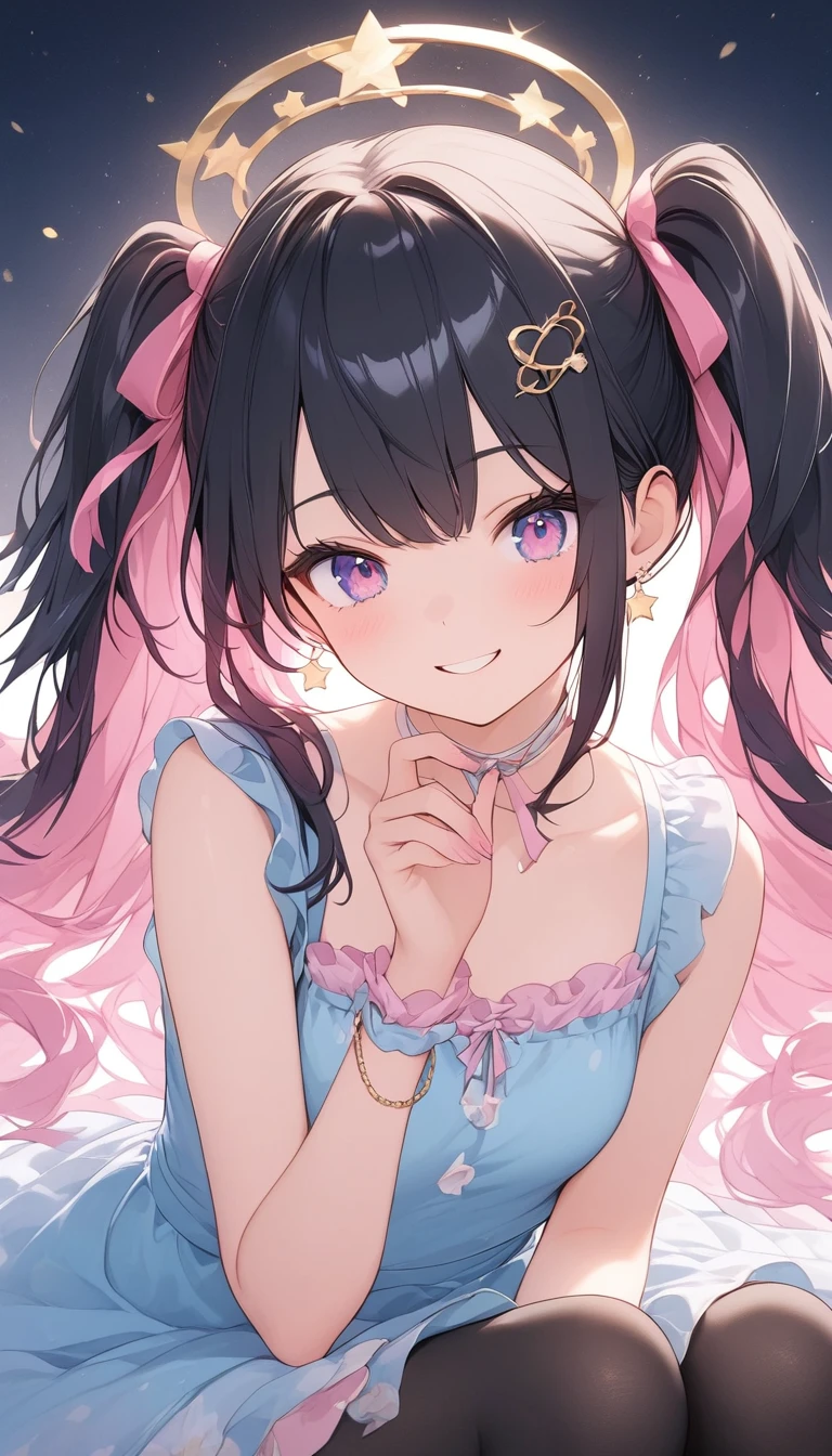 front view,looking at viewer, looking ahead,from above,cowboy shot,1girl,Beautiful 11 year old girl,Japanese,Slender,,low length,Small breasts,Thin legs,Small Ass,Baby Face,Small face,Black Hair,Row Twin Tails,Gray Eyes,Drooping eyes,middle School girls,A see-through black and purple negligee,Sexy Lingerie,open mouth,tongue out,front face,Kneeling,Put your chin forward,Beautiful and detailed anime art,naughty smile,Sexy vibe,cum on tongue,Dimly lit room,On the bed,Simple Background,Gray background,Pink lighting,finger to mouth