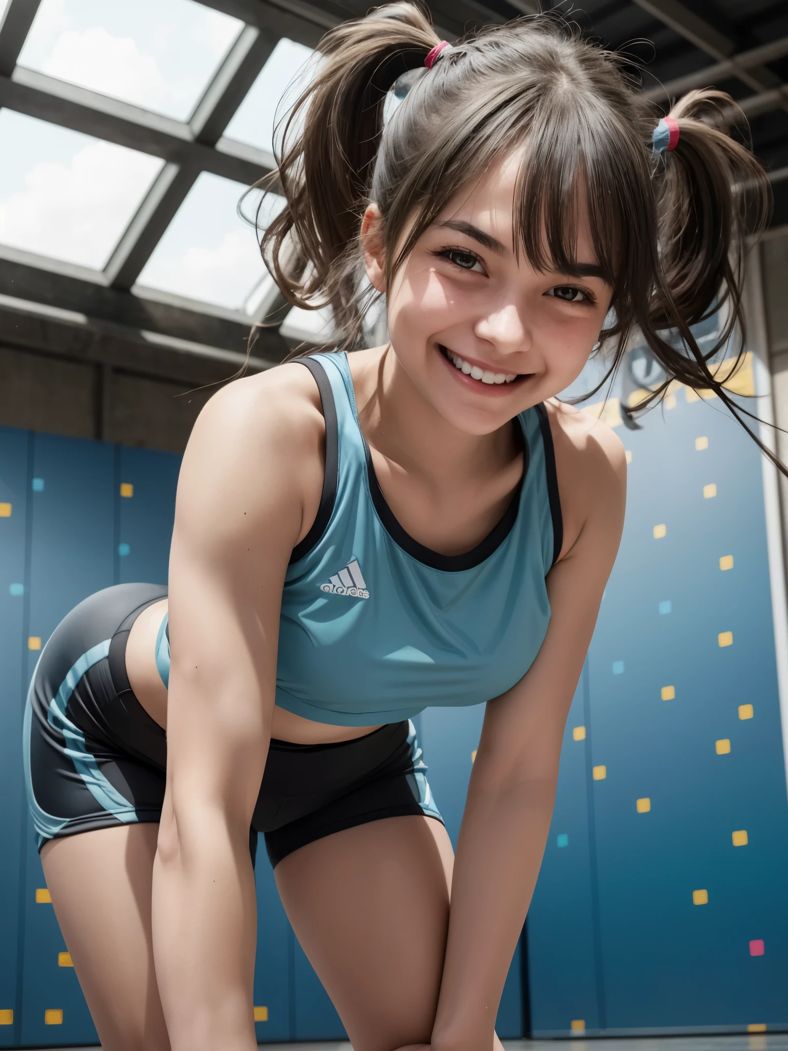 girl in sports outfit, BREAK, girl, leaning forward, pigtails, bangs, sports bra, bike shorts, thighs, look at viewer, (masterpiece, best quality, high resolution:1.2), messy hair, light blue mesh, smile, teeth, moist shiny skin, sweating, head tilt,