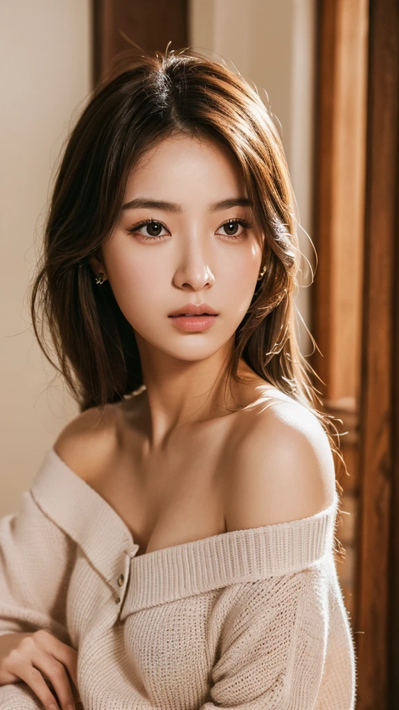 masterpiece, best quality, ultra-detailed, extremely detailed, 4K, 8K, best quality, beautiful, bokeh feeling, a pretty woman, japanese woman, solo, (spring long sleeve shirts), (v-neck shirts), pink lip, (highlights hair), beautiful light brown hair, beautiful brown eyes, beautiful eyes, long hair, large breast, ((the look waiting for a kiss)), (almost showing nipple), ((undressing)), (nipple shot),