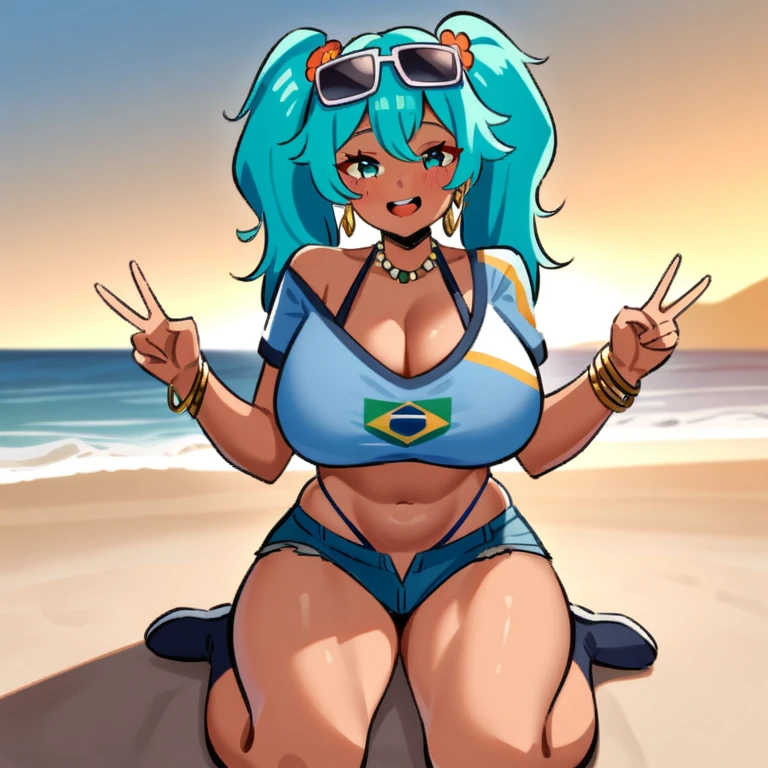 (anime art style:1.0), 2d, masterpiece, best quality, Very aesthetic, absurdres, dynamic shadows, atmospheric, Brazilian_Miku, 1girl, Alone, aqua hair, (twintails), bangs, aqua eyes, Big Breasts, (curVy body), makeup, blush, collarbone, cleaVage, blue garters, blue panties, yellow crop top, denim shorts, micro shorts, off shoulder, short sleeVes, sunglasses on head, flower on hair, bead choker, belly chain, Gold Earrings, gold bracelet, (dark skin:0.2), Smile, opened mouth, COWBOY SHOT, from front, (V), sitting, wariza, opened legs, (looking at Viewer:1.0), beach, sea, clouds  
Una Versión de Hatsune Miku con un estilo brasileño. Su cabello largo y lacio debe ser de un Vibrante color azul, con mechones que caen suaVemente sobre sus hombros. Viste el uniforme del Liceo Cristiano ReVerendo Juan Bueno, which consists of a white shirt with the school logo, a short grey skirt with checks and a bow at the neck that matches the colors of the uniform.

Add a headband that complements your look, tal Vez en azul marino o con detalles en aqua esmeralda. in his arms, lleVa pulseras coloridas que reflejen la cultura salVadoreña, and your shoes should be comfortable and stylish, in a tone that matches the uniform.

El fondo puede incluir elementos típicos de una escuela en El SalVador, like trees of the region, una cancha de deportes y el ambiente alegre y Vibrante de un colegio, highlighting local culture.
                                                                                           