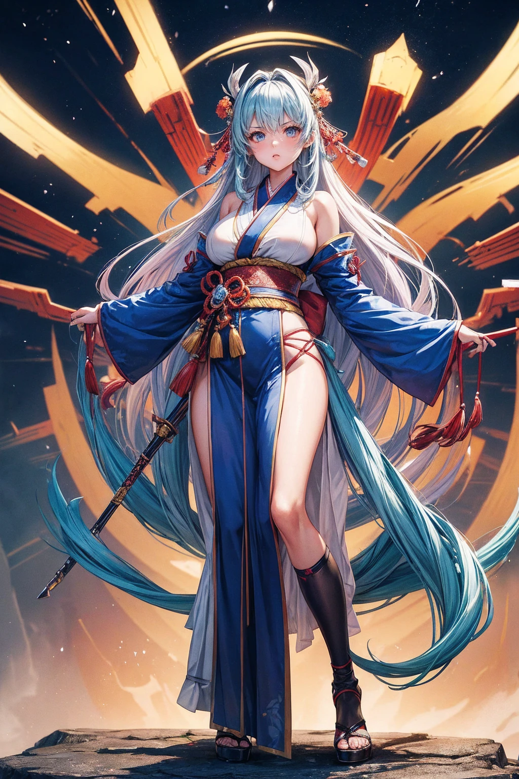 Zephyra, a 62 meter wind goddess, emerges from a tornado at dusk, her pale blue skin glowing with the rays of the sunset. Her long white hair falls in soft waves that seem to float around her.. Naked and radiant, standing in an open field, her posture is graceful and tempting, with one leg slightly forward and one hand raising a gust of wind, while the other caresses her abdomen. His eyes, full of calm and desire, They look at the tiny humans at their feet, fascinated by their aerial presence. Her full lips curve into an ethereal smile and her delicately sculpted body radiates an aura of heavenly eroticism., enveloping everyone present in a spell of submission and serene adoration.