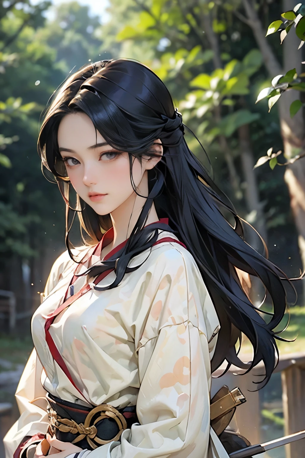 (Highest quality、High resolution、masterpiece)、(Anime Art 4k)、(manhwa style)、swordsman, Portraiture、 (whole body)、(1 person)、20-year-old woman、Beautiful Face、 (Facial details)、Black Hair、 Beautiful Hair、Skin Texture、Slim figure、Cinema Lighting、Ray Tracing、Soft Light、Outdoor、Nice views、(Sargent-style watercolor)、(Edmund Leighton Style)、(long hair), (small breasts), (mãos perfeitas), (rosto perfeito), ((hiperdetalhado)), white skin, sweet, shy
