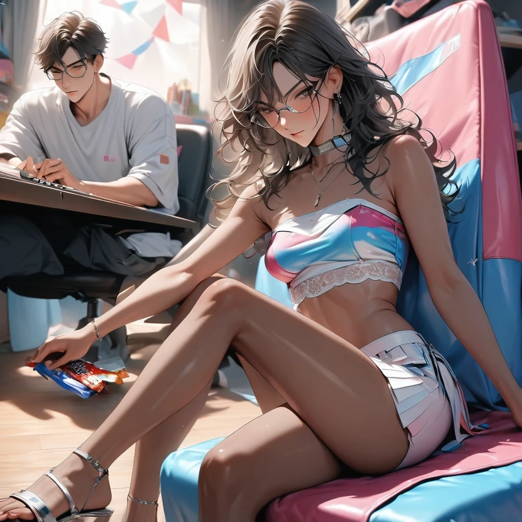 Two persons, Man and woman, brothers
((Adult transgender women)): (Very short pleated miniskirt. Lace strapless cropped top. eye glasses. Brown eyes, showing the whole body, brown skin color, Black long wavy hair. Clothes with the colors of the trans flag, blue pink and White, High heel silver sandals, Cute smille. Closed mouth, Makeup.);
((Adult man)): (Black T-shirt, White shorts. Brown eyes, (short black hair), caucasian skin, showing the whole body, wearing Snickers, Cute smille. Closed mouth.);
Both Working on a computer station, both sitting on chair, Bedroom background. High quality. 4k, 8k, many details. 
Masterpiece, accurate, anatomically correct, playing, detailed background, better quality, original work
Focus on details