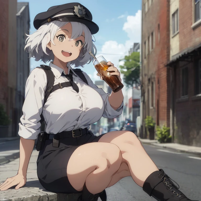 1 female, white hair, afro hair, afro, darker skin, black skin, white eyes, blind eyes, brown skin, police clothes, police short, police hat, black police clothes, black boots, huge breast, thick legs, police office, gun, blue sky, happy face, open mouth, sitting down, drinking, alcohol drink