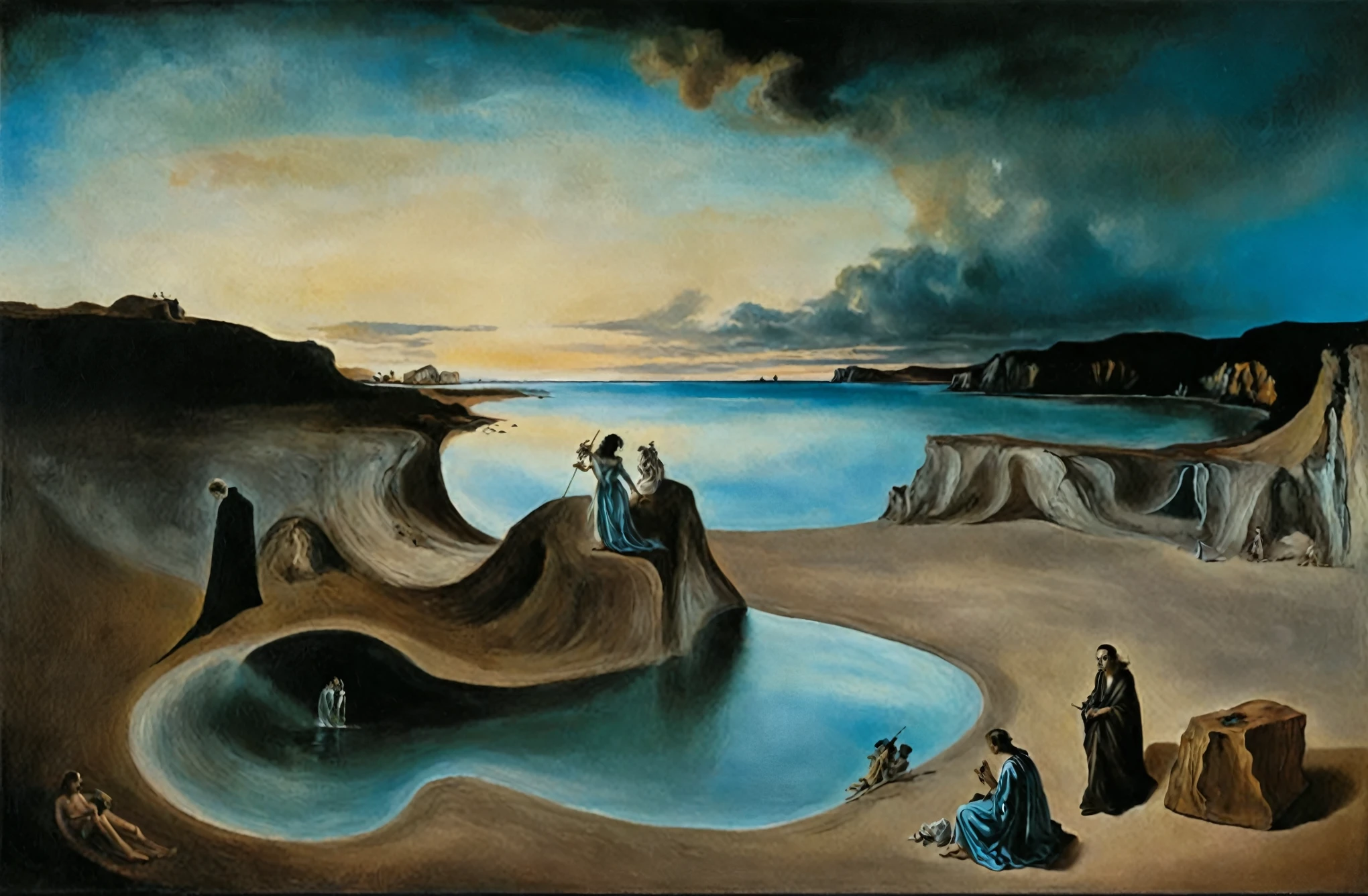 Flow of time by Salvador Dali,Magic,(style of Jean-Antoine Watteau):0.1.       The image is a digital artwork depicting a serene scene on a beach at sunset with three person s., with a small figure standing at the bottom. The image is a captivating depiction of an ancient civilization, set in a desert landscape under a cloudy blue sky.