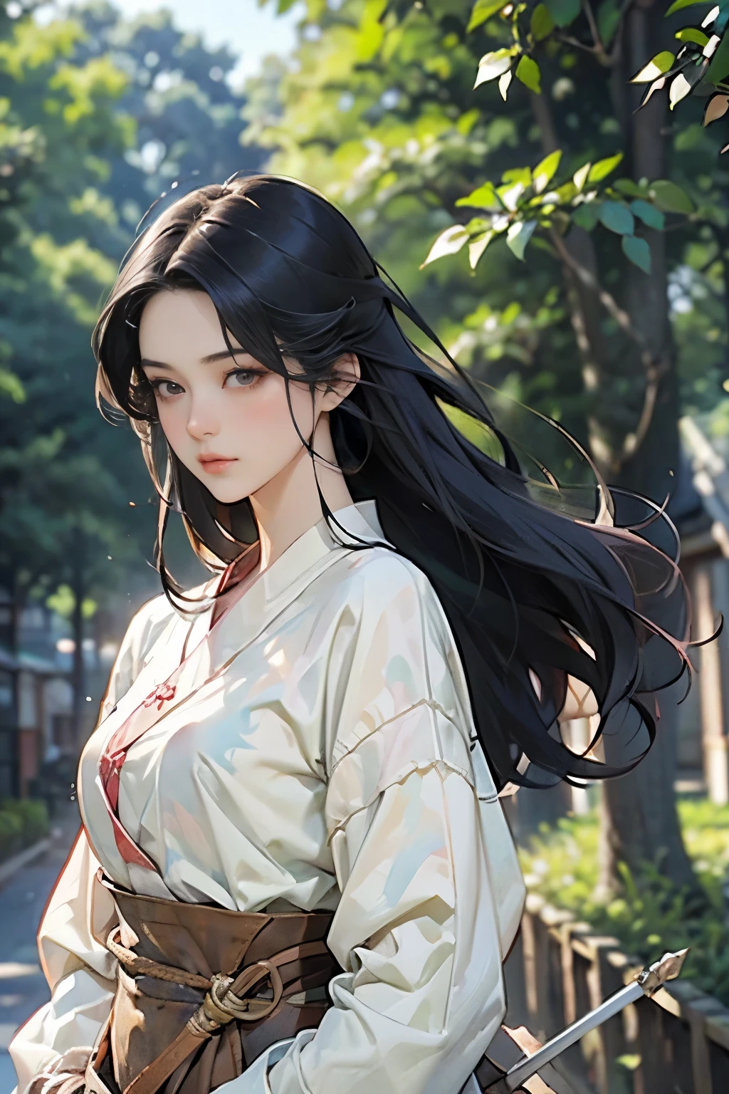 (Highest quality、High resolution、masterpiece)、(Anime Art 4k)、(manhwa style)、swordsman, Portraiture、 (whole body)、(1 person)、20-year-old woman、Beautiful Face、 (Facial details)、Black Hair、 Beautiful Hair、Skin Texture、Slim figure、Cinema Lighting、Ray Tracing、Soft Light、Outdoor、Nice views、(Sargent-style watercolor)、(Edmund Leighton Style)、(long hair), (small breasts), (mãos perfeitas), (rosto perfeito), ((hiperdetalhado)), white skin, sweet, shy, (looking down)
