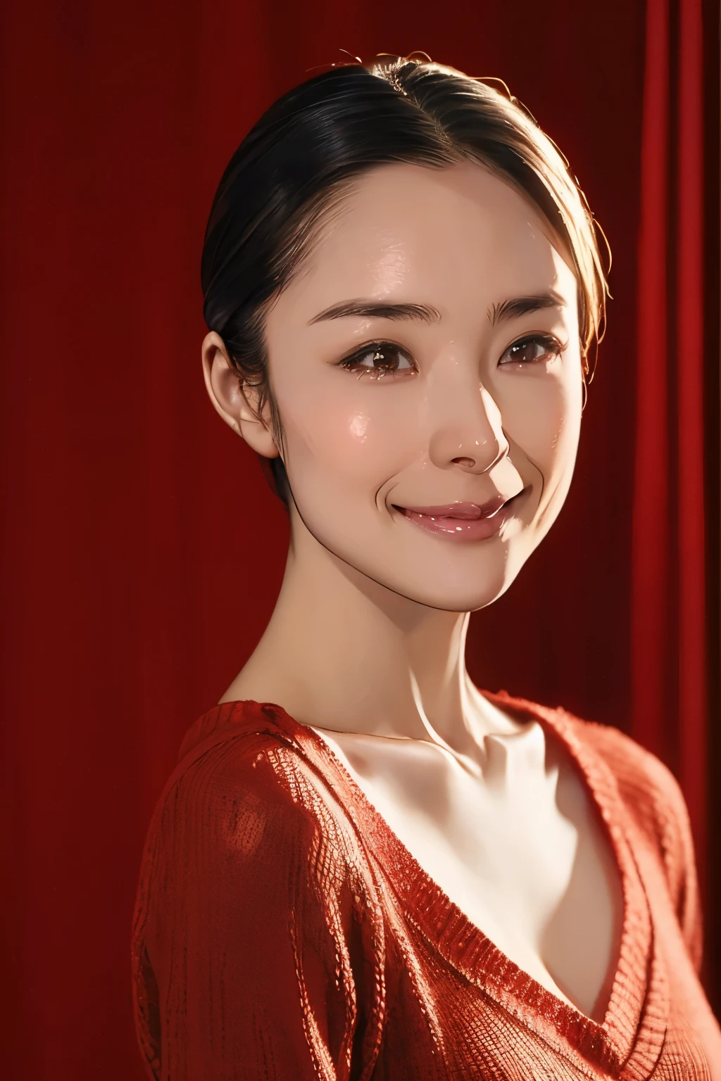 Best Quality、Tabletop、Best image quality、Award-winning works)、 pretty girl、(Elegant red V-neck knit sweater:1.3)、Perfect girl portrait photo、Glowing Skin、Standing Elegantly、(The most elegant and simple blurred background:1.1)、Glowing Skin、smile、Small cleavage、(Face close-up:1.1)