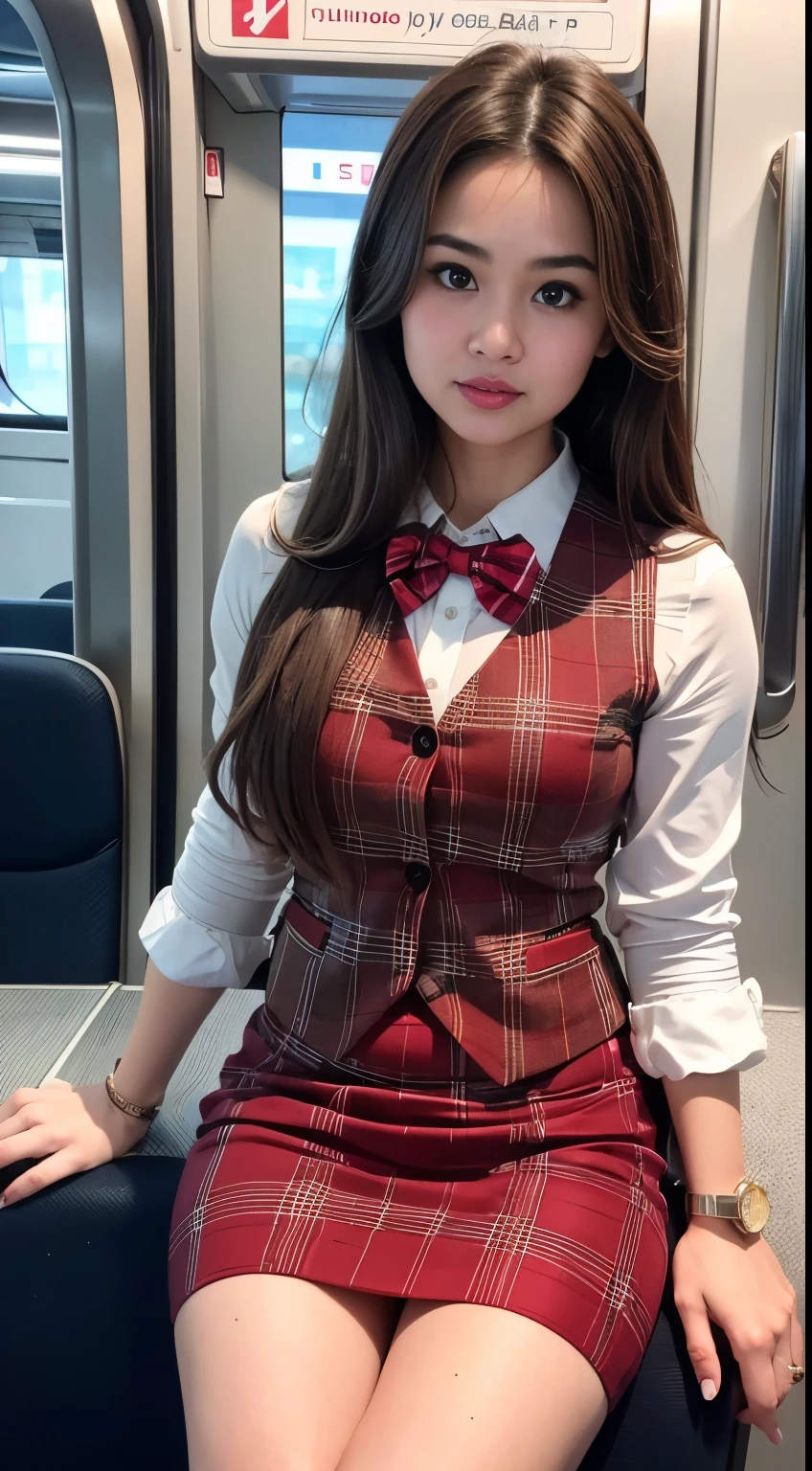 malay girl , brown long hair, shy, medium portrait shot , watery eyes ,lip watery, lip glossy, red lips, open mounth, ((small breast)),woman wearing office staf uniform, red plaid vest, red plaid bow tie, long white shirt, Red plaid miniskirt, white underwear, shooting from below, sitting in train