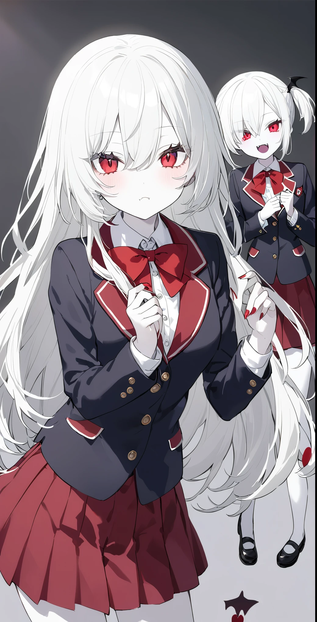 2 Girls、Hairstyle of your choice、Red eyes、Fangs growing、vampire、high school student、Pure white pale skin、Pure white hair、Wearing a shirt、Wearing a skirt、Wearing a blazer、Height 170cm or more、vampire学校の生徒、Red nails、Slightly sharp nails