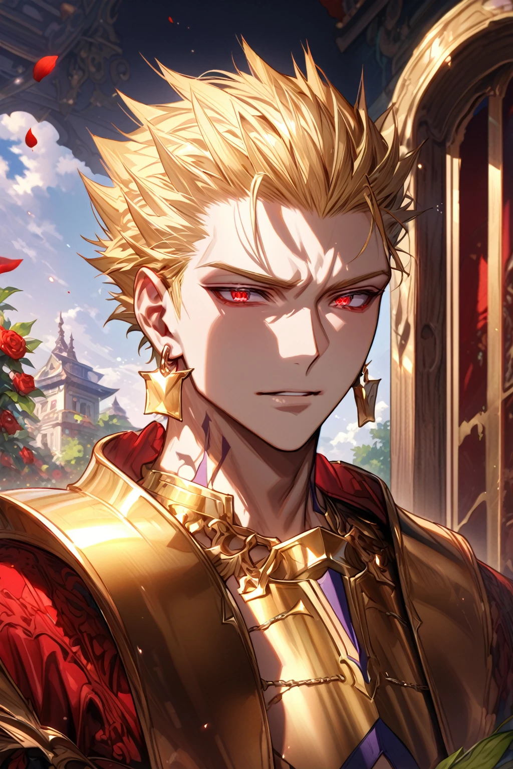 kk, best quality, more details, masterpiece, 1 boy, portrait, male focus, (((man, armor))) red eyes like rubies, solo, straight bangs, look at the viewer, noble clothes (((KNIGHT ARMOR))), short straight hair, (((fantasy city, palace))), highlights, (holding a silver sword), (((look would be, serious and beautiful red eyes,))) (((RED EYES))) (((RUBY EYES))) (((blond hair, golden,  straight cut over shoulders, LAZIO))), luxurious, 8k, detailed, ray tracing, depth of field, cinematic lighting,