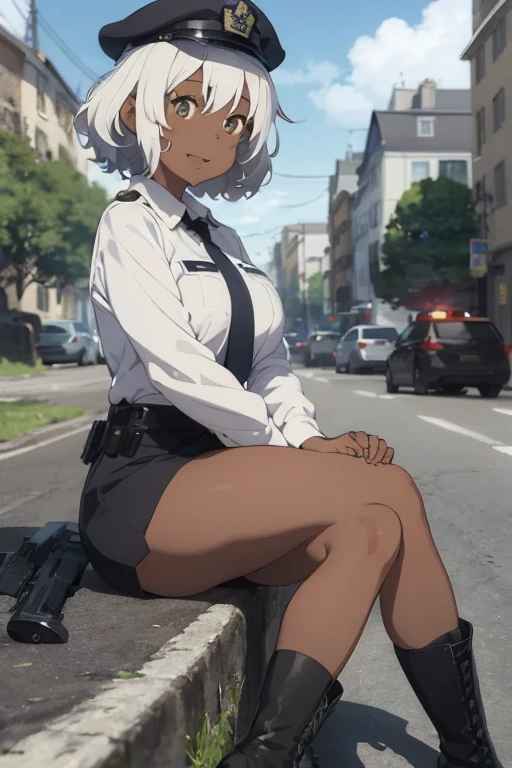 1 female, white hair, afro hair, afro, darker skin, black skin, white eyes, blind eyes, brown skin, police clothes, police short, police hat, black police clothes, black boots, huge breast, thick legs, police office, gun, blue sky, happy face, open mouth, sitting down police cuffs, hand cuffs, police car