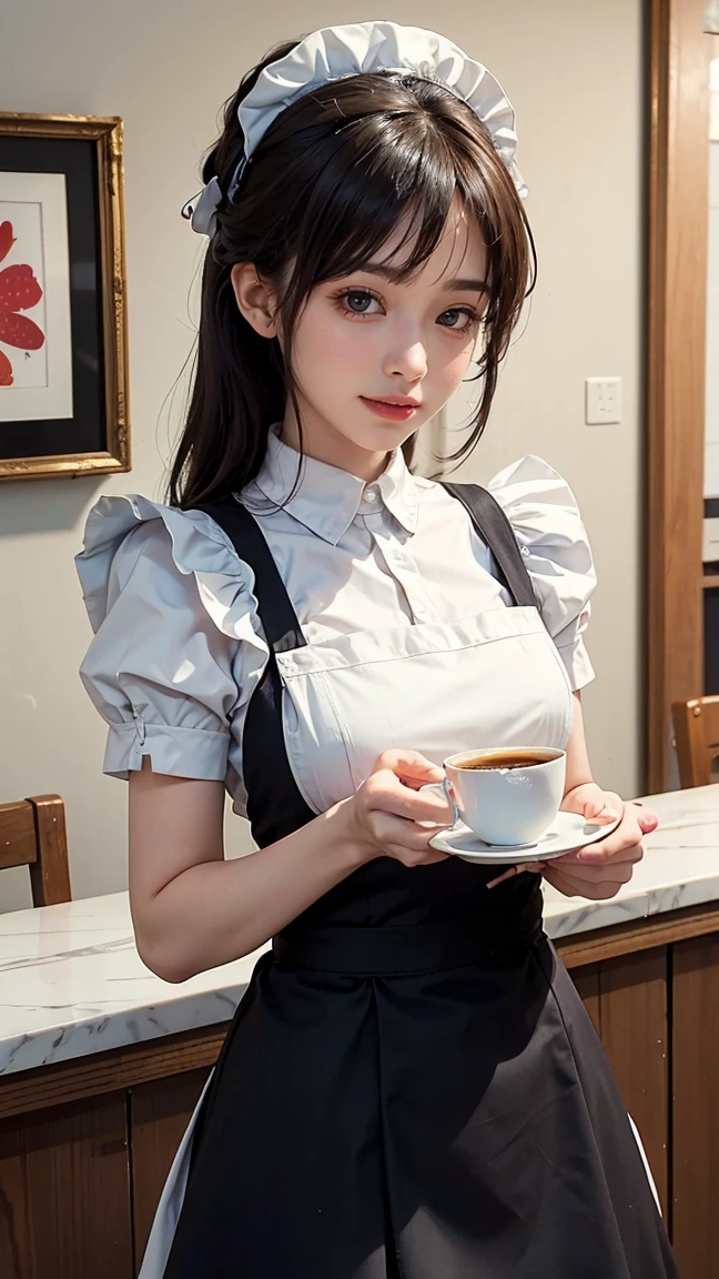 (Best Quality, 4K, masterpiece :1.3),Colourful works of art, Maid Cafe, Moemoezukyuun💕, break （Fluffy Pancakes）, A heart is drawn with strawberry sauce, Take a break with coffee, A charming maid stares at you, Pancakes offered by gentle hands, smile