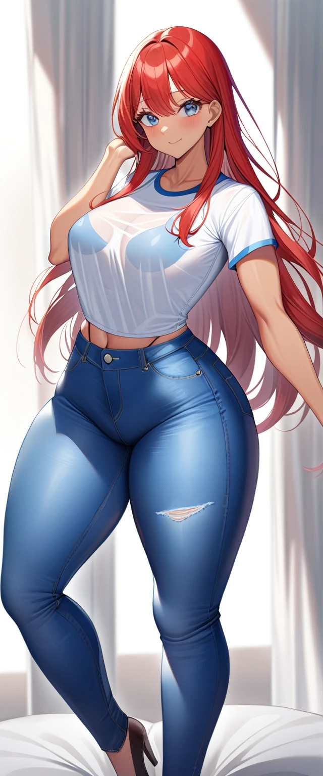 ((high aesthetic)), absurdres, absurd resolution, highly rated, highres, high resolution, best quality, masterpiece, full body, (facing viewer), standing, 1girl, ((solo)), indoors, clothed, perfect face, perfect eyes, neneneji, tight outfit, smile, natural skin texture, 4k textures, hdr, intricate, highly detailed, puffy lips, thick lips, hyperdetailed, mature female, inoue orihime, long hair, orange hair, brown eyes, thighhighs, shorts, sleeveless, hood, hoodie, pink hoodie, skinny, wide hips, thick thighs, large breasts, big ass