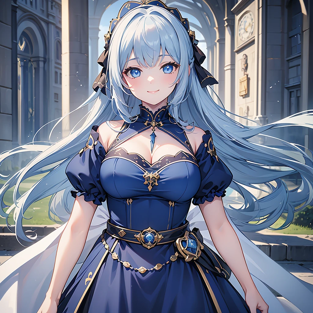 ((Highest quality)), ((masterpiece)) 、One Girl, masterpiece, (High resolution), original, extremely detailed 8K , (Photorealistic:1.4),Blue eyes ,Symmetrical body type,smile, Medieval European style street、dark blue dress、smile, bionde, Large Breasts, 杖