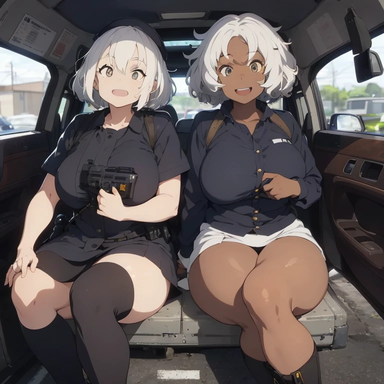 1 female, white hair, afro hair, afro, darker skin, black skin, white eyes, blind eyes, brown skin, police clothes, police short, police hat, black police clothes, black boots, huge breast, thick legs, police office, gun, blue sky, happy face, open mouth, sitting down police cuffs, hand cuffs, police car