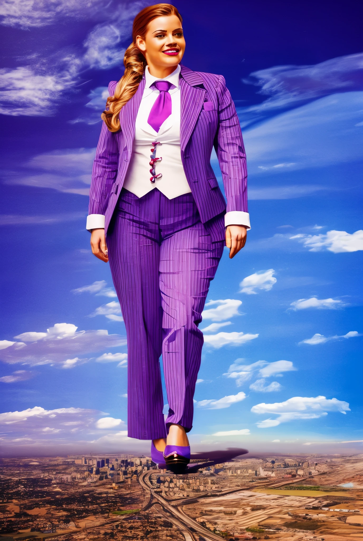 Giantess art, giga giantess in distance walking on through city, multiple women with beautiful curves, massive thighs, ginger hair, lipstick, wearing a perfect form-fitting loght grey pinstripe trouser suit and blazer, crisp white shirt with large spread collar, large blade width Windsor knot purple paisley tie, with massive breasts. She is wearing platform high heels and standing on a miniature city, with skyscrapers at her feet, smiling with her huge breasts. This image is highly detailed, photorealistic, best quality, a masterpiece, with cinematic lighting, ultra-detailed, long ponytail hair with front bangs, high altitude photography, satellite view, a curvy figure, heaving bosom, legs, a mega city, urban sprawl, small towns, destruction, buildings, roads, a cloudy, overcast, hazy atmosphere, and wispy clouds.
