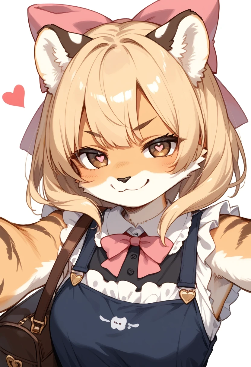 score_9, score_8_up, score_7_up, score_6_up, score_5_up, score_4_up, source_anime, best quality, masterpiece, 1 female, (furry, kemono), tiger, solo, looking at viewer, bag, blonde hair, shirt, upper body, closed mouth, selfie, black shirt, smile, rufflet, medium hair, brown hair, bow, brown eyes, A close up view of a woman wearing a black and white dress with a pink strap over her left shoulder. The woman is wearing a white collar with black print on it. She is standing in front of a train station platform. The train tracks are visible on the right side of the image. A yellow line is seen on the platform on the left., clothing cutout, frilled shirt, frilled sleeves, hair bow, heart, heart-shaped pupils, light smile, meme, pinafore dress, pink bow, portrait, print shirt, red theme, shoulder bag, simple background, sleeveless, sleeveless dress, smirk, smug, symbol-shaped pupils, v, white background, rating_safe,