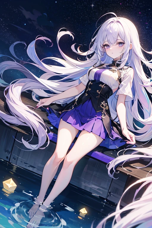 Lilac gradient hair,Asymmetrical hair,（（Very voluminous hair 1.8，Hair is well-defined1.6））， hair over shoulders, Messy hair, Very long hair, Shiny hair，(Long hair:1.2),a beauty girl，Luxurious purple miniskirt，Made of transparent material，（Transparent clothes transparent 1.8），perfect bodies，Tall and tall，slenderness，(Looks sad，face drawn and pale，grieves，closing the mouth：1.2） Set against the backdrop of an unusually brilliant dark starry sky，（On your stomach，One hand supports his head），（Round, Medium large, Firm breasts），Barefoot，afloat，waterface，（long leges，long leges，long leges，Perfect leg shape），fully body photo。