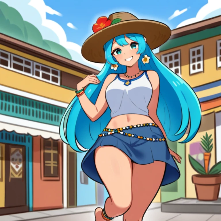 A cheerful version of Hatsune Miku is set in an urban setting in El Salvador, perhaps in a colorful market or a park. Her long blue hair, with white locks, falls freely, shining under the sun. Miku has warm skin tone, reflecting its connection to local culture.

She wears a blue and white sleeveless top, showing the colors of the flag of El Salvador, Combined with a short denim skirt that highlights her modern and youthful style. Smile with a friendly expression, while a palm hat decorated with native flowers rests on his head. On her ankle she wears a colorful handmade anklet, and a decorative belt with traditional patterns.

Accessories like thread bracelets, Flower-shaped earrings and a necklace with an izote flower pendant complement her look. The background is full of life, Showing colorful murals depicting Salvadoran culture, with a festive atmosphere that highlights the joy and energy of the city.
