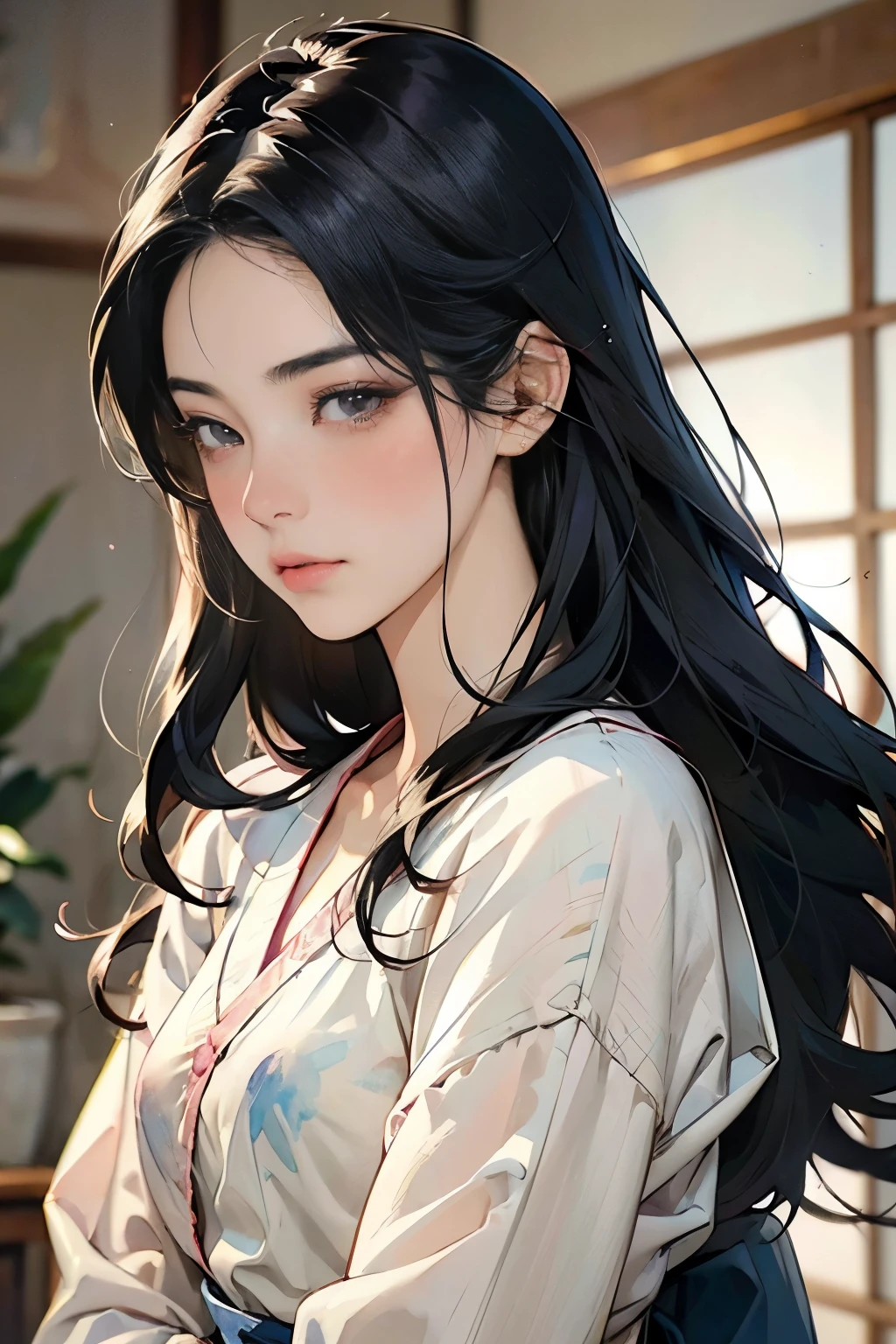 (Highest quality、High resolution、masterpiece)、(Anime Art 4k)、(manhwa style)、swordsman, Portraiture、 (whole body)、(1 person)、20-year-old woman、Beautiful Face、 (Facial details)、Black Hair、 Beautiful Hair、Skin Texture、Slim figure、Cinema Lighting、Ray Tracing、Soft Light、indoor、(Sargent-style watercolor)、(Edmund Leighton Style)、(long hair), (small breasts), (mãos perfeitas), (rosto perfeito), ((hiperdetalhado)), white skin, ((sweet, shy, (looking down)), straight hair, straight hair, ((blush cheeks)), hiding herself
