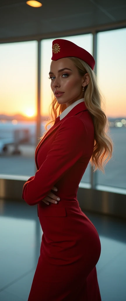 White women、Early 20s、Super beautiful face、Flight Attendant、Full body shot:1.5、tanding、Wearing makeup、Golden Hair、blue eyes、Airport in the evening、Large window at departure gate、View from the window in the background、Backlight、Shallow depth of field