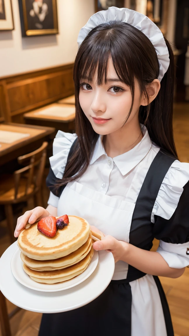 (Best Quality, 4K, masterpiece :1.3),Colourful works of art, Maid Cafe, Moemoezukyuun💕, break （Fluffy Pancakes）, A heart is drawn with strawberry sauce, Take a break with coffee, A charming maid stares at you, Pancakes offered by gentle hands, smile