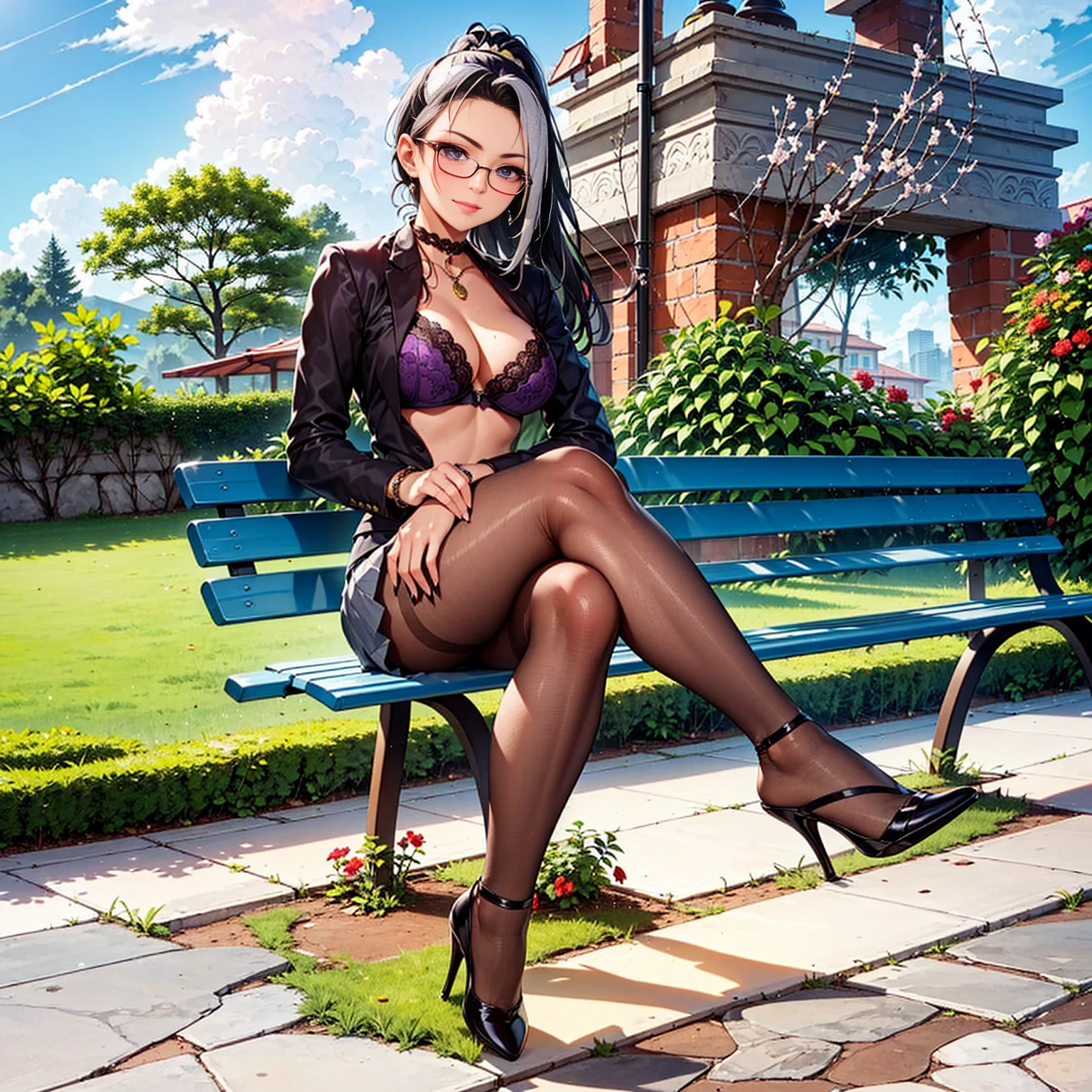 ((rikka sumeragi, rikka_sumeragi, long hair, black hair, hair with white streak, ponytail, glasses, purple eyes)), (( park, ((gray skirt, lace shirt)), transparent shirt, black bra, pantyhose, high heels, sitting, legs crossed, bracelets, bushes, trees, flowers, city in the background, emerald necklace, night, smug))