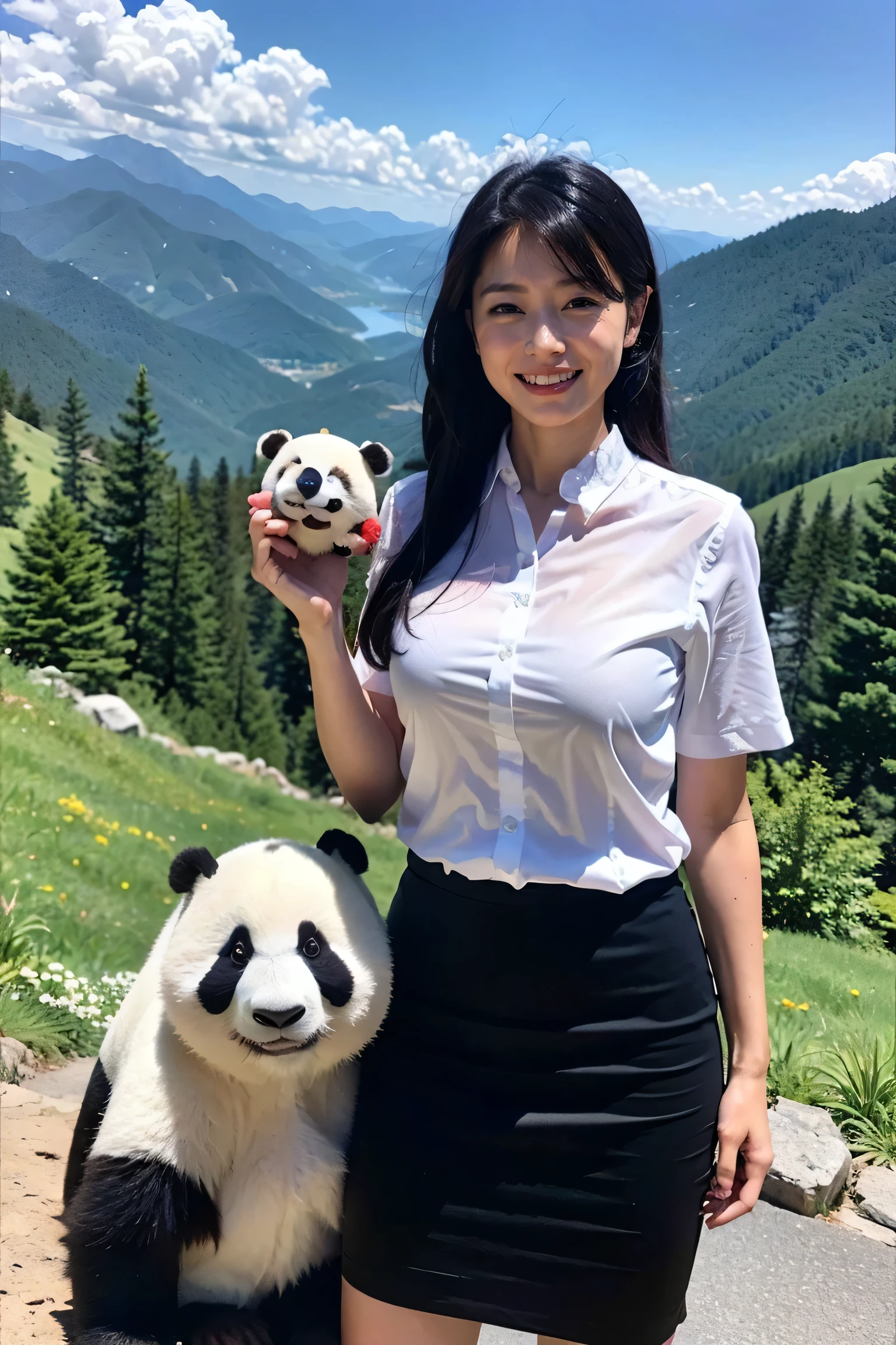 Best Quality, Realistic, High resolution, 8k　RAW Photos,Alone, One Girl, Age 30、Standing on top of a mountain、smile、Holding a panda in both hands、Business blouse、Business Skirt、High heels