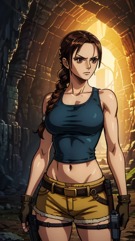 (Lara Croft, single braid, brown eyes), (extremely detailed CG unit 8k wallpaper),(master part), (best quality), (ultra detail), (best illustration),(ghibli style), cowboy shot,(Sharp eyeliner, ombre, detailed eyes:1),Dark catacomb interiors background,break,upper body,teal tanktop, straps, brown shorts, thigh holster