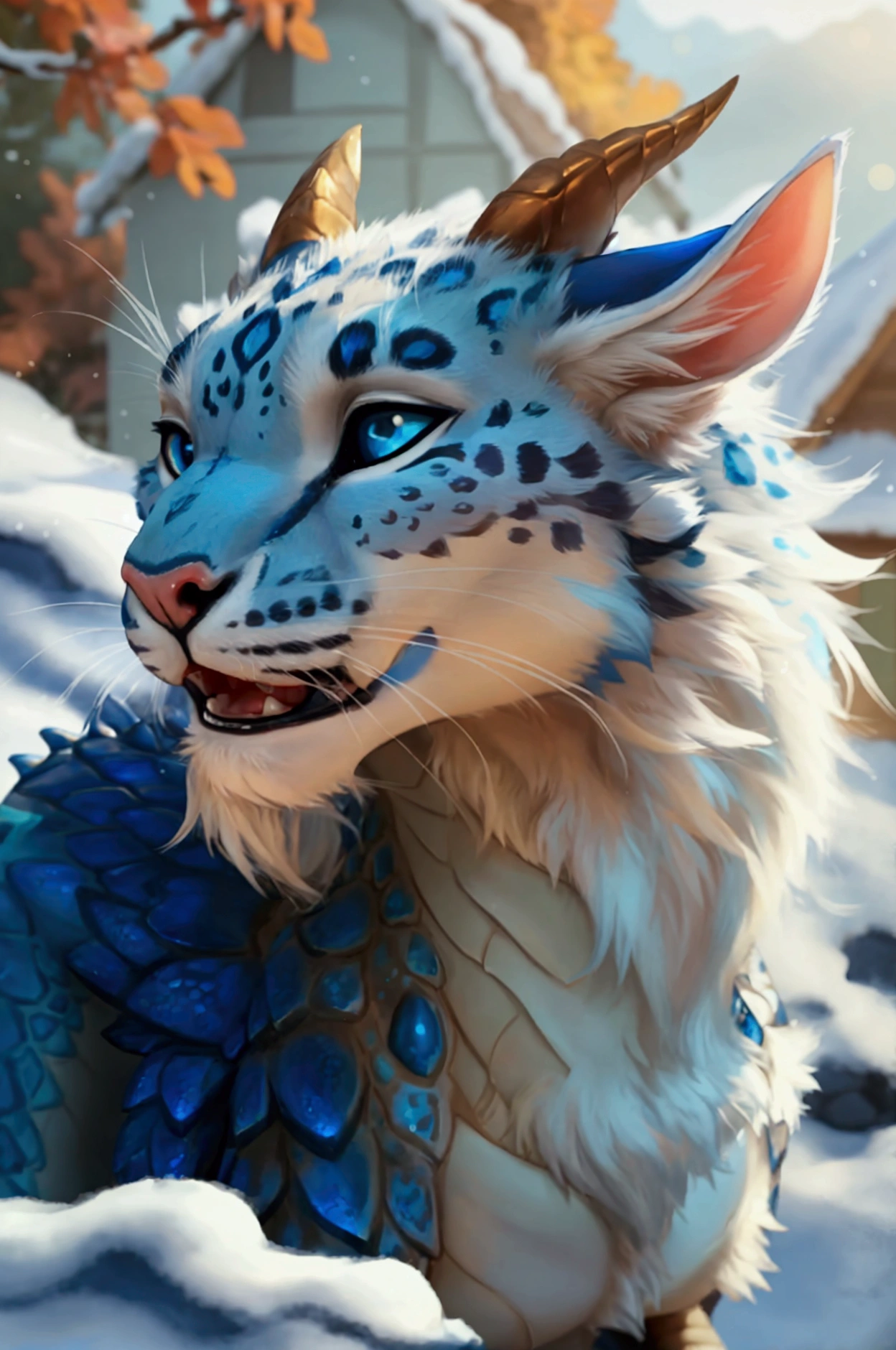 shira, furry female anthro, tiger girl, fangs, portrait, tranquil, solo, (body fur:1.2), (best quality), (snowy tundra background:1.2), dramatic lighting, (detailed fluffy fur:1.1), looking at viewer, smile,, realistic,