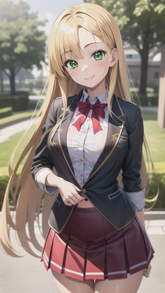 best quality, masterpiece, 1girl, (solo:1.1), raytracing, ultra detailed,detailed face, 8k wallpaper, wide hips, smile, AsiaArgentoNDV, 1girl, blonde hair, large breasts, long hair, green eyes, red skirt, school uniform, shirt, corset, ribbon,  outdoor