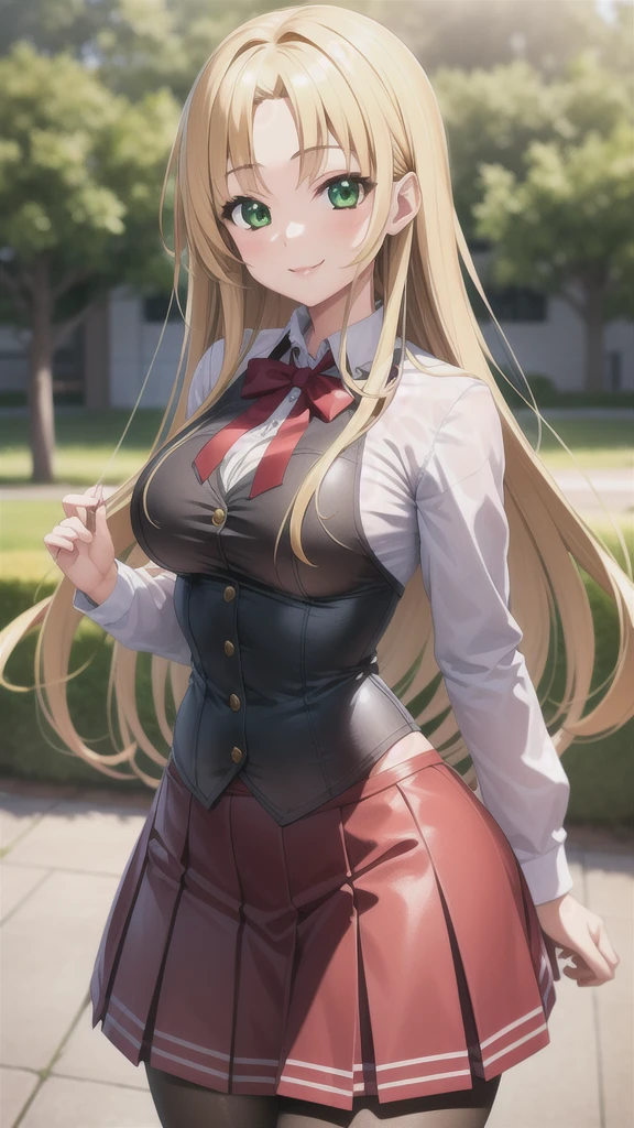 best quality, masterpiece, 1girl, (solo:1.1), raytracing, ultra detailed,detailed face, 8k wallpaper, wide hips, smile, AsiaArgentoNDV, 1girl, blonde hair, large breasts, long hair, green eyes, red skirt, school uniform, shirt, corset, ribbon,  outdoor