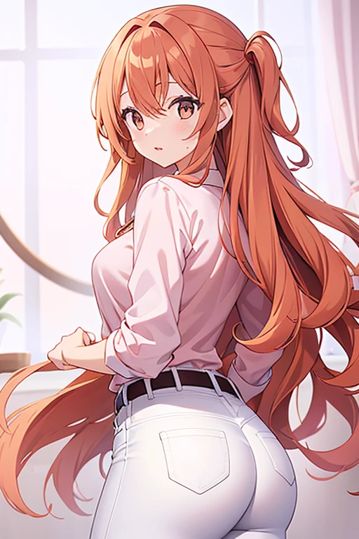 Volumetric Lighting, Best Shadows, Portrait Of Stunningly Beautiful, Delicate Beautiful Attractive Face With Alluring Yellow Eyes, red hair, pony tail, slim waist, charing smile, bluejeans, simple white shirt, anime style
