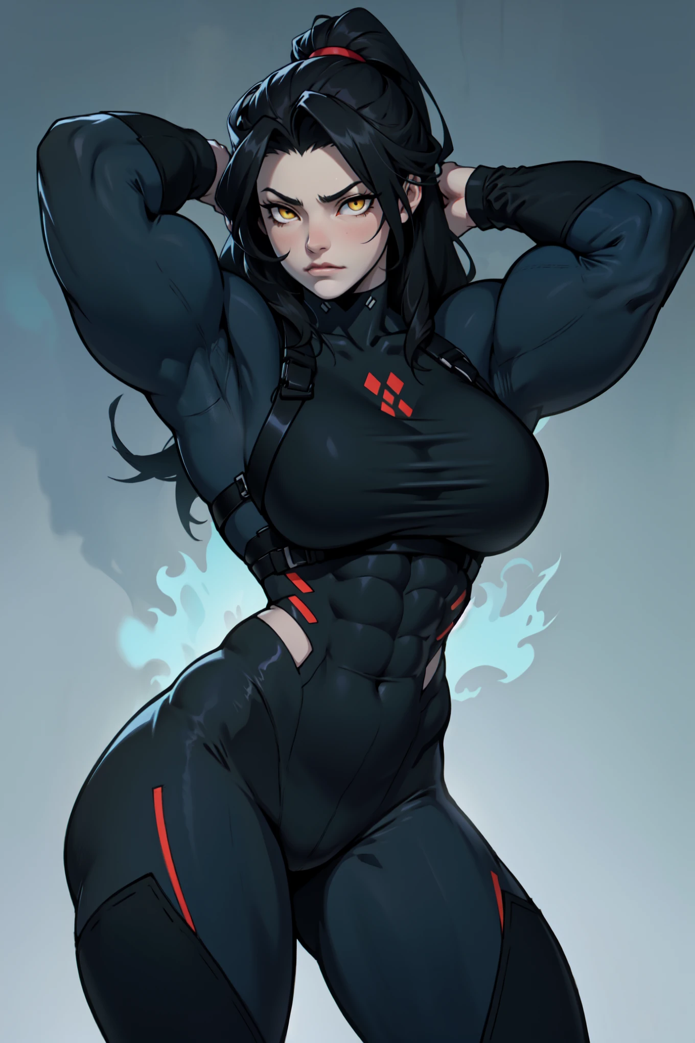 1 girl, ((muscular)), spiky ponytail, toned body, black hair, red eyes, (mask), perky breasts, long hair, navel, thick thighs