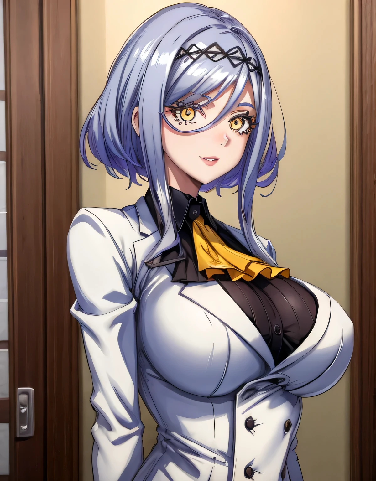 (huge breasts:1.21),(shiny hair),((solo)),((masterpiece)),((best quality)),perfect anatomy,slim waist,perfect image,8k UHD,(beautiful detailed eyes:1.5),extremely detailed face,standing,(upper body:1.15),(look at the front:1.5),ultra-detailed,absurdres,ultra-highres,indoor room,Gentle smile,figue,white jacket,ascot,yellow eyes,brown eyes,lips,(sidelocks:0.7),