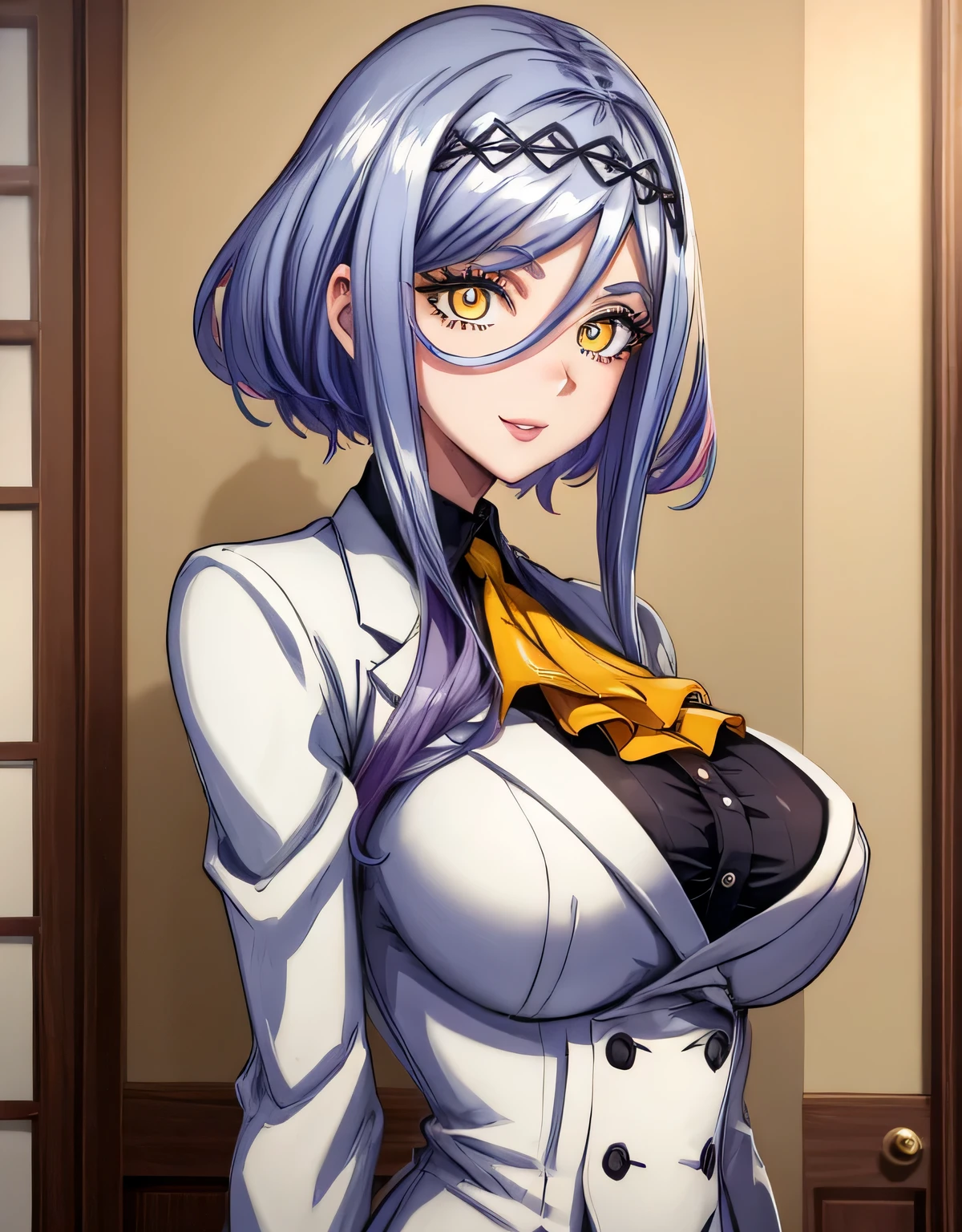 (huge breasts:1.21),(shiny hair),((solo)),((masterpiece)),((best quality)),perfect anatomy,slim waist,perfect image,8k UHD,(beautiful detailed eyes:1.5),extremely detailed face,standing,(upper body:1.15),(look at the front:1.5),ultra-detailed,absurdres,ultra-highres,indoor room,Gentle smile,figue,white jacket,ascot,yellow eyes,brown eyes,lips,(sidelocks:0.7),