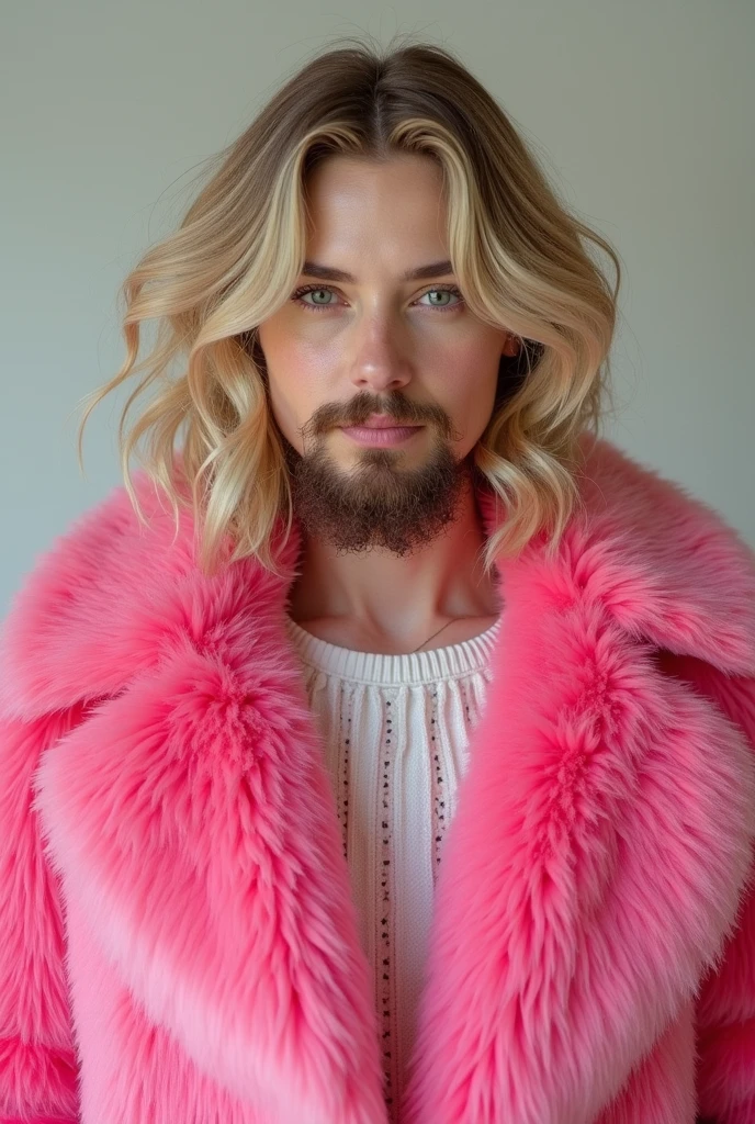 a handsome blonde man with a well-trimmed beard, wearing oversized sunglasses, a bright pink fur-collared jacket revealing his toned chest and multiple gold necklaces, dark pants with shiny details and belts, in a casual and confident pose looking slightly downward