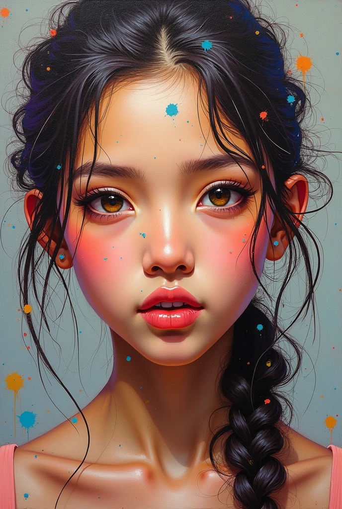Colorful beautiful girl:28-year-old girl,dirty hair,oil painted,perfect face,soft skin, perfect face,blue-yellow colors,Added light purple and violet colors.,added light red color,complex parts,screensaver,permission 8k,chedevr, cute face, ArtStation digital painting provides smooth and very black ink flow.:Photorealistic masterpiece in 8k resolution:complex detailed painting with liquid gouache:author: By Jean Baptiste Mongue:calligraphy:propylene:watercolor art,professional photo shoot,daylight,Minimalistic photographic illustration of volumetric lighting:author Мартон Бобзерт: ,difficult,elegance,Раскидистый,magical dream,Wavy hair,with dynamism