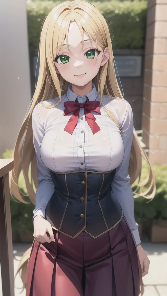 best quality, masterpiece, 1girl, (solo:1.1), raytracing, ultra detailed,detailed face, 8k wallpaper, wide hips, smile, AsiaArgentoNDV, 1girl, blonde hair, large breasts, long hair, green eyes, red skirt, school uniform, shirt, corset, ribbon,  outdoor