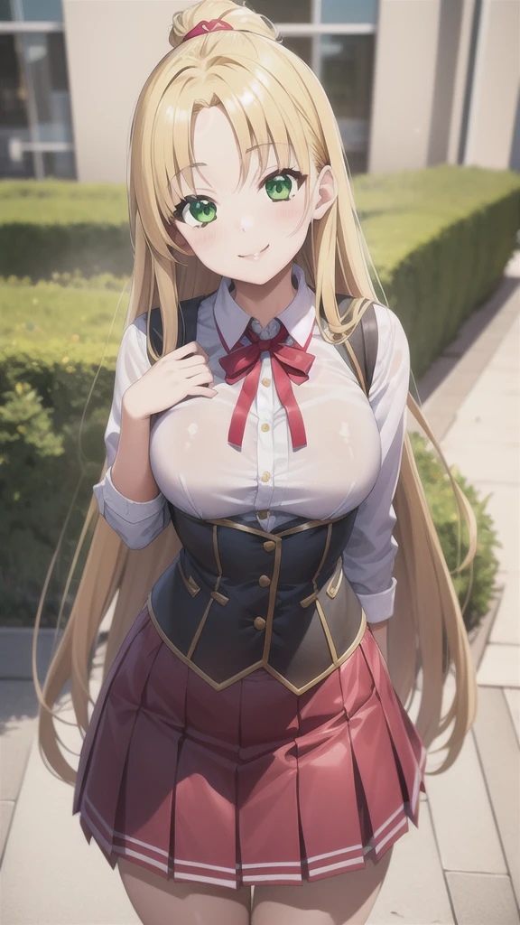 best quality, masterpiece, 1girl, (solo:1.1), raytracing, ultra detailed,detailed face, 8k wallpaper, wide hips, smile, AsiaArgentoNDV, 1girl, blonde hair, large breasts, long hair, green eyes, red skirt, school uniform, shirt, corset, ribbon,  outdoor