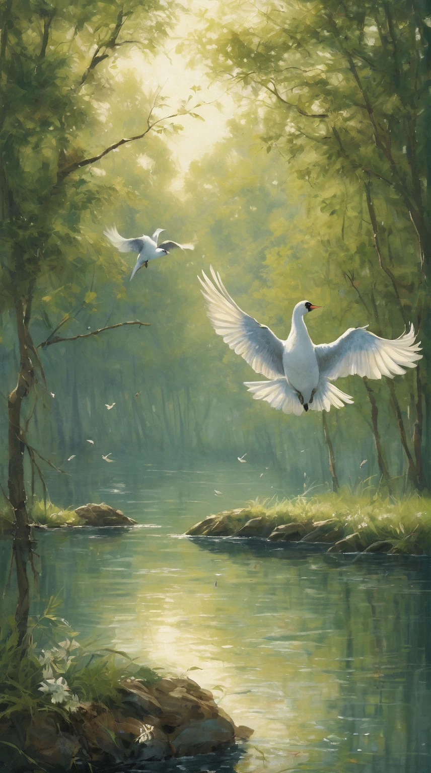 huaniao, (simple Bottom:1.61), (work of art, detailed calligraphy art, Painting with Indian ink brush, Art aesthetics:1.33), (monochromatic color:gray theme), Title: The Beauty of Nature Tags: species: bird, animal scenery: nature, fild, Lake style: realistic, atmospheric theme: nature, pose of harmony: bird: Flight, swimming action: bird: nesting, food, Flight, swimming thrill: bird: peaceful, content color: cerulean (sky), green (fild), White (Lake) Bottom: fild, Lake, sky Prompt: A swallow builds its nest in a willow. A sparrow forages for food in a wheat fild. A phoenix soars through the sky. A swan floats on a Lake, your wings outstretched. The birds are all different, but they all share a love for Nature. They are all at peace in their natural environment. Swallow builds its nest in a willow tree Swallow builds its nest in a willow tree Additional details: The swallow can be any color. The sparrow can be any color. The phoenix can be any color. The swan can be any color. Willow can be any size or type. The wheat fild can be any size or type. The Lake can be any size or type. instance: A swallow with cerulean feathers builds its nest in a willow tree with green leaves. A sparrow with brown feathers forages for food in a wheat fild with golden stalks. A phoenix with red and gold feathers soars through the sky, your wings outstretched. A swan with White feathers floats on a Lake, your wings outstretched. . The swallow is building a house for his family. The sparrow is finding food for its chicks. The phoenix is Flight free. The swan is relaxing on the water. The birds are all a part of nature, and they all contribute to its beauty. (Subjective perspective), (winter night sunlight,clear cerulean sky high), mild caustic effect, ethereal illumination forest light beam sunlight filtering through trees, written in Hebrew