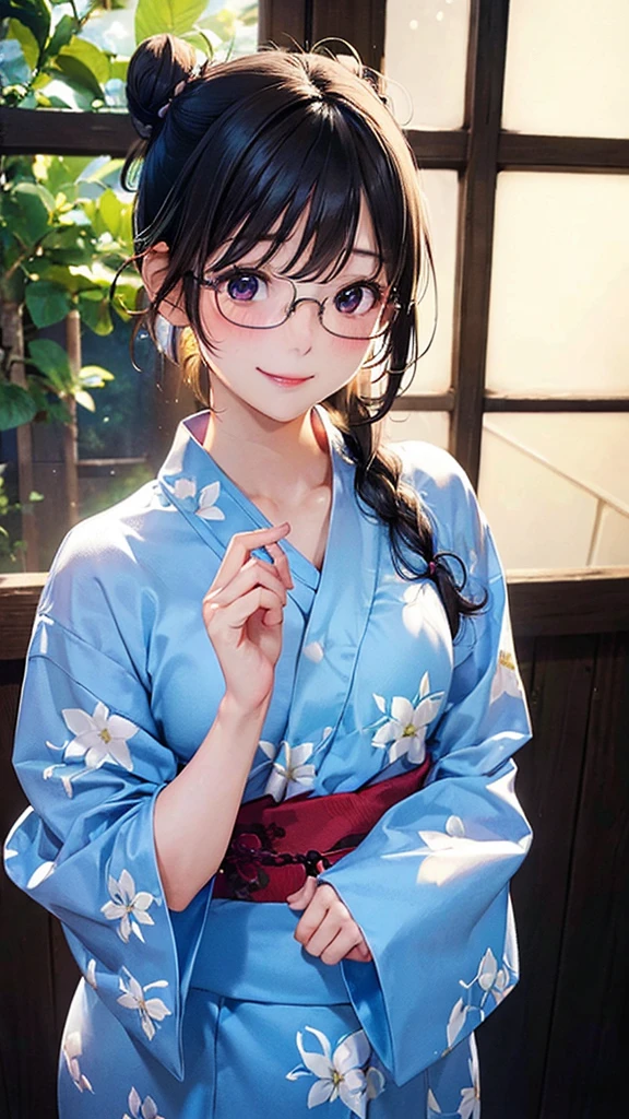 Highest quality、masterpiece、High sensitivity、High resolution、Detailed Description、Slender women、Glasses、In a yukata、Bon Odori Contest、