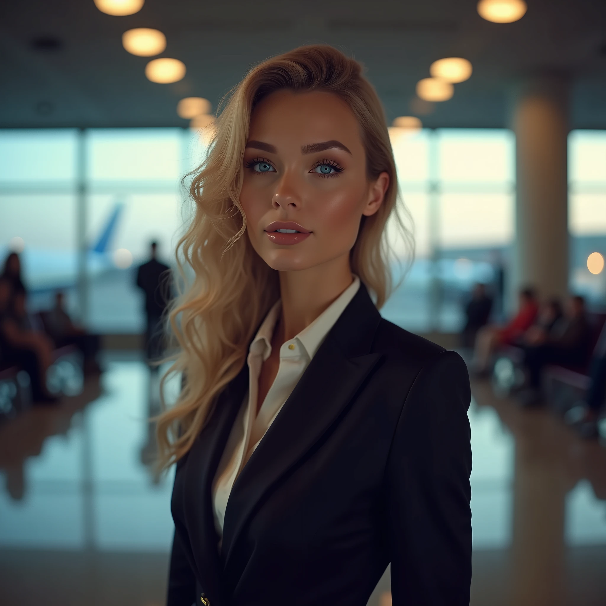 highres, masterpiece, perfect ligthing, bloom, night, cinematic lighting, perfect skin, female, soft light, young woman,18 years old,(looking at viewer:1.4),
eyeliner,realistic skin,beautiful face,realistic eyes, perfect detailed face,
realistic, (photorealistic:1.2),narrow waist , slim,
((airport:1.4)), day, sunny,
(tinkerwaifu, tinkerbell),
air hostess uniform,cleavage, black skirt,white shirt,
super cute,
<lora:tinkerbell_character-10PROUNED:0.9>