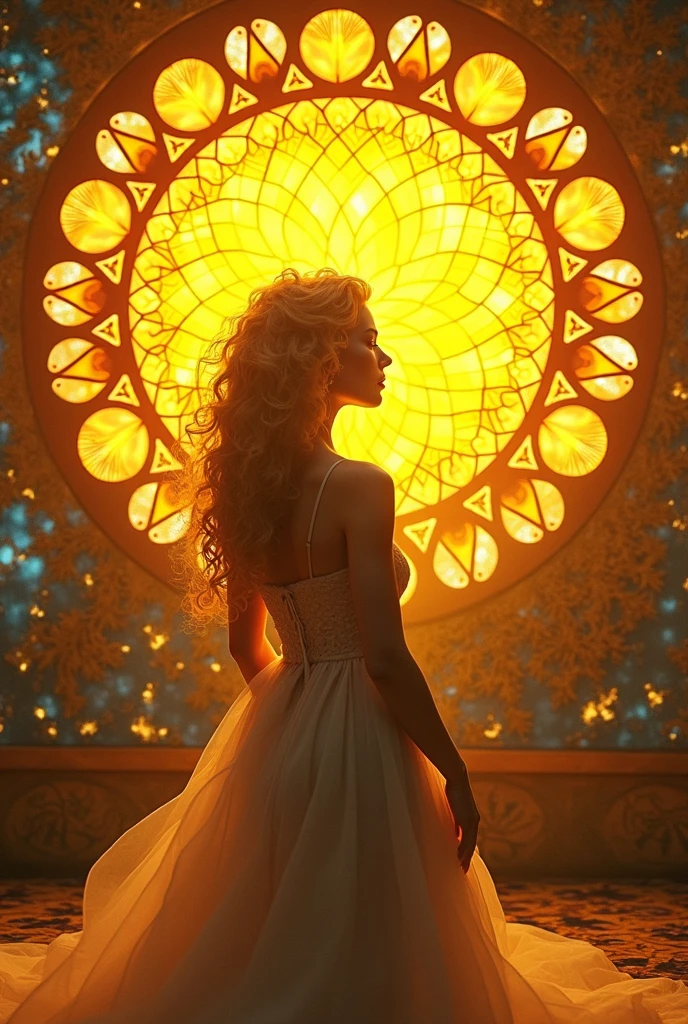 (masterpiece, best quality), 8K,(((Very detailed))), Race:1.8,Super intricate Race pattern,colorful Race pattern,Stained glass background transparent body, Mandala,Light Up,cold, 1 female,Open back,(curls,Blonde),Wedding dress luxurious and glittering
