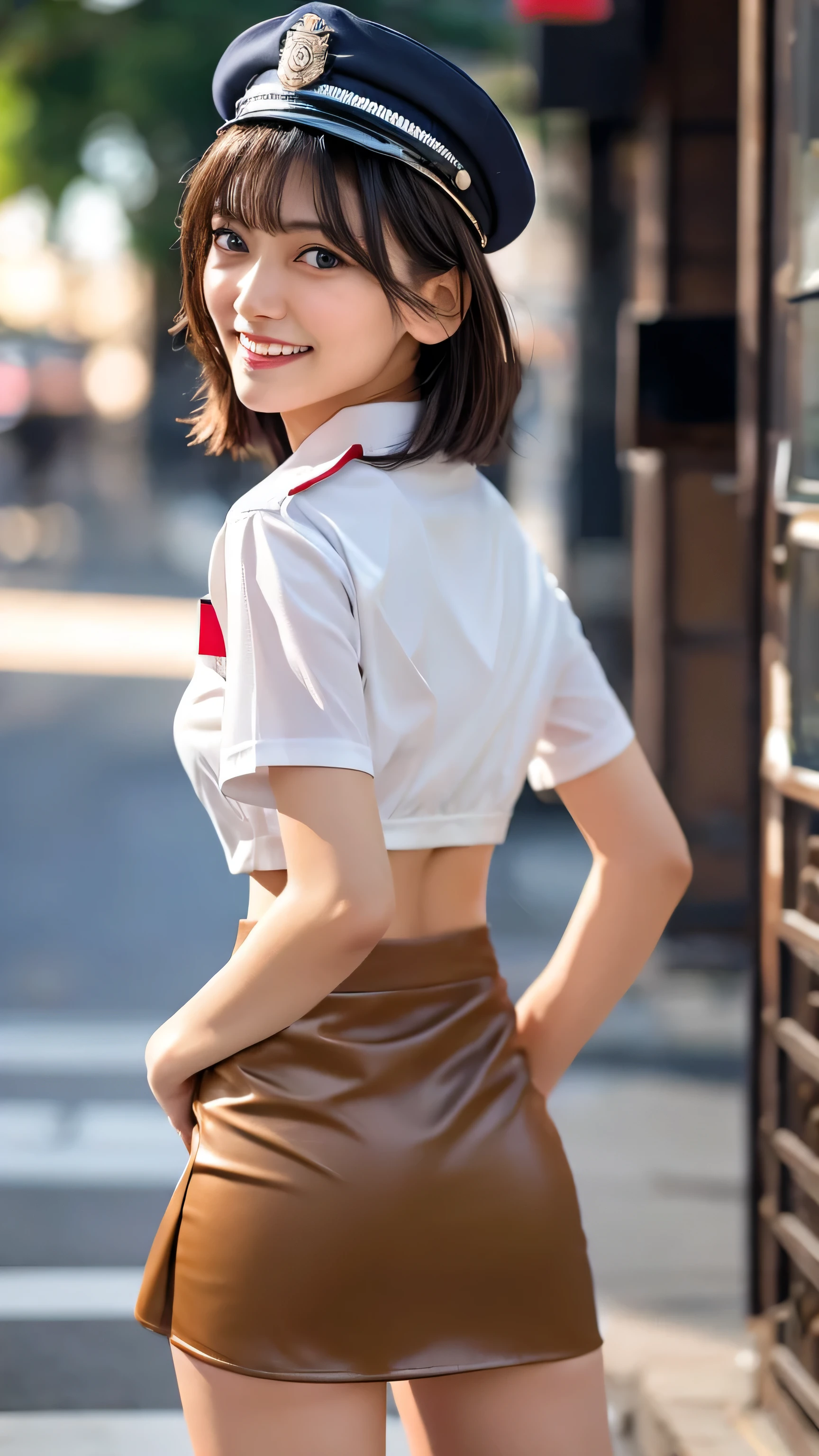 Nene Kasaki々、Shiny brown hair, Short Hair, (Beautiful brown eyes、Shining Eyes, fine grain)、smile、Very detailed eyes、Highly detailed face, Highly detailed eyes,Cowboy Shot、

(masterpiece:1.2, Best Quality), (Realistic, photoRealistic:1.4),Beautiful illustrations,(Natural side lighting, Cinema Lighting),
1 female,Japanese,Mature Woman,Female police officer on patrol,Perfect Face, Symmetrical face, Shiny skin,
,(smile),
break((Police Officer Shirt)),((A tight mini skirt made from very thin fabric)),(Police hat),(The background is a street corner:1.5),(((Background Blur:1.5))),((Police uniform)),break(((From behind:1.5))),(((Stick your butt out:1.2)))