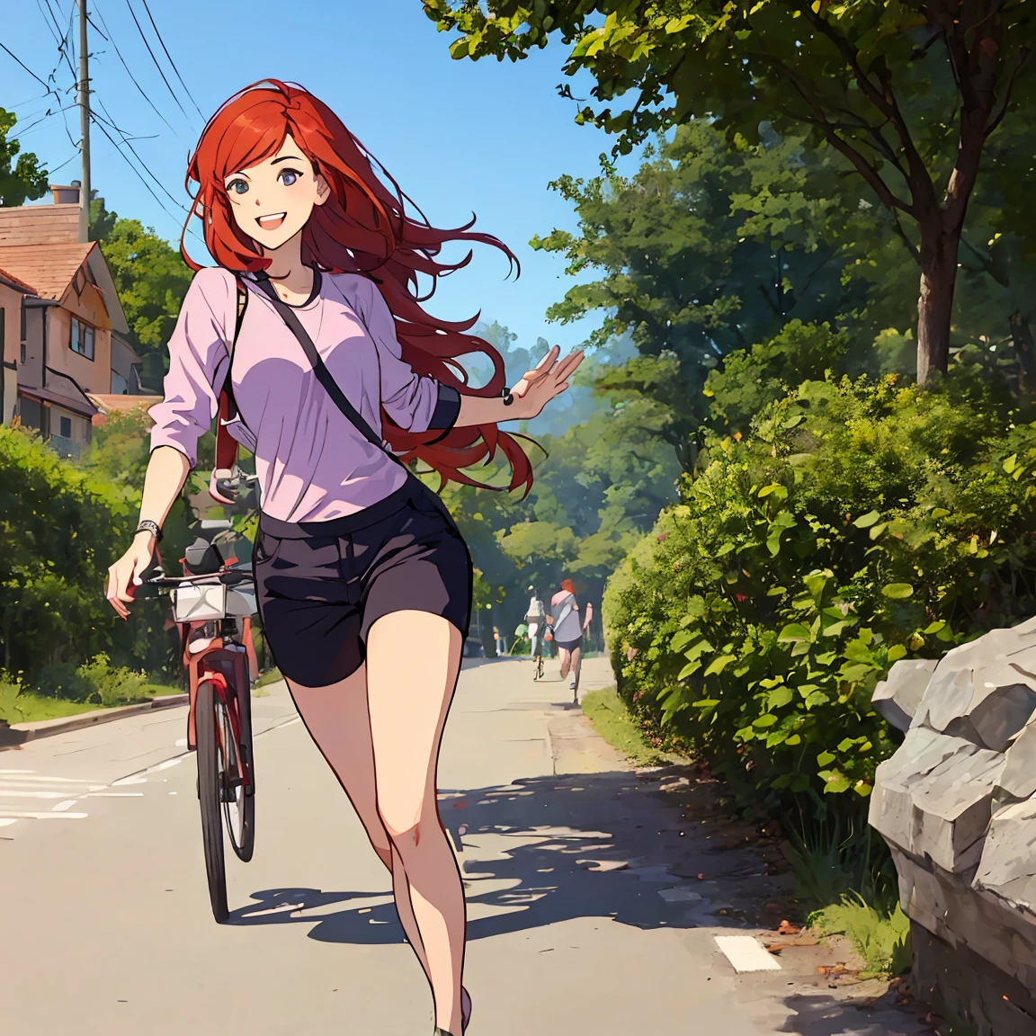 Daphne with red hair,running forward,she is happy, wearing simple clothes,.an14