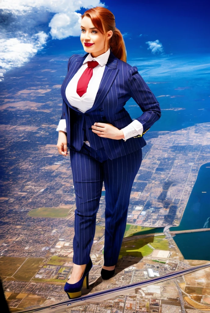 Giantess art, giga giantess in distance walking on through city, multiple women with beautiful curves, massive thighs, ginger hair, lipstick, wearing a perfect form-fitting loght grey pinstripe trouser suit and blazer, crisp white shirt with large spread collar, large blade width Windsor knot blue tie, with massive breasts. She is wearing platform high heels and standing on a miniature city, with skyscrapers at her feet, smiling with her huge breasts. This image is highly detailed, photorealistic, best quality, a masterpiece, with cinematic lighting, ultra-detailed, long ponytail hair with front bangs, high altitude photography, satellite view, a curvy figure, heaving bosom, legs, a mega city, urban sprawl, small towns, destruction, buildings, roads, a cloudy, overcast, hazy atmosphere, and wispy clouds.