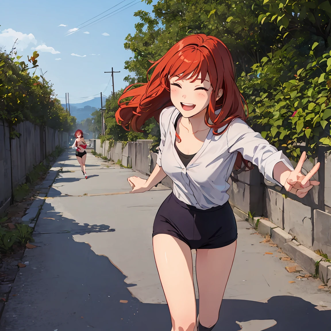 Daphne with red hair,running forward,she is happy, wearing simple clothes,.an14