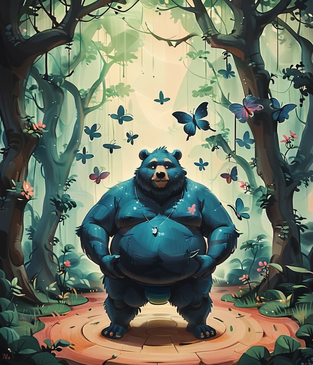 style of Qi Baishi, (cute, fat, obese, anthro, male, bear), solo, full body, ((cyan briefs)), dynamic pose, enchanted forest, magical flowers, butterfly, hires textures, highly detailed, intricate details, best quality, masterpiece, detailxl